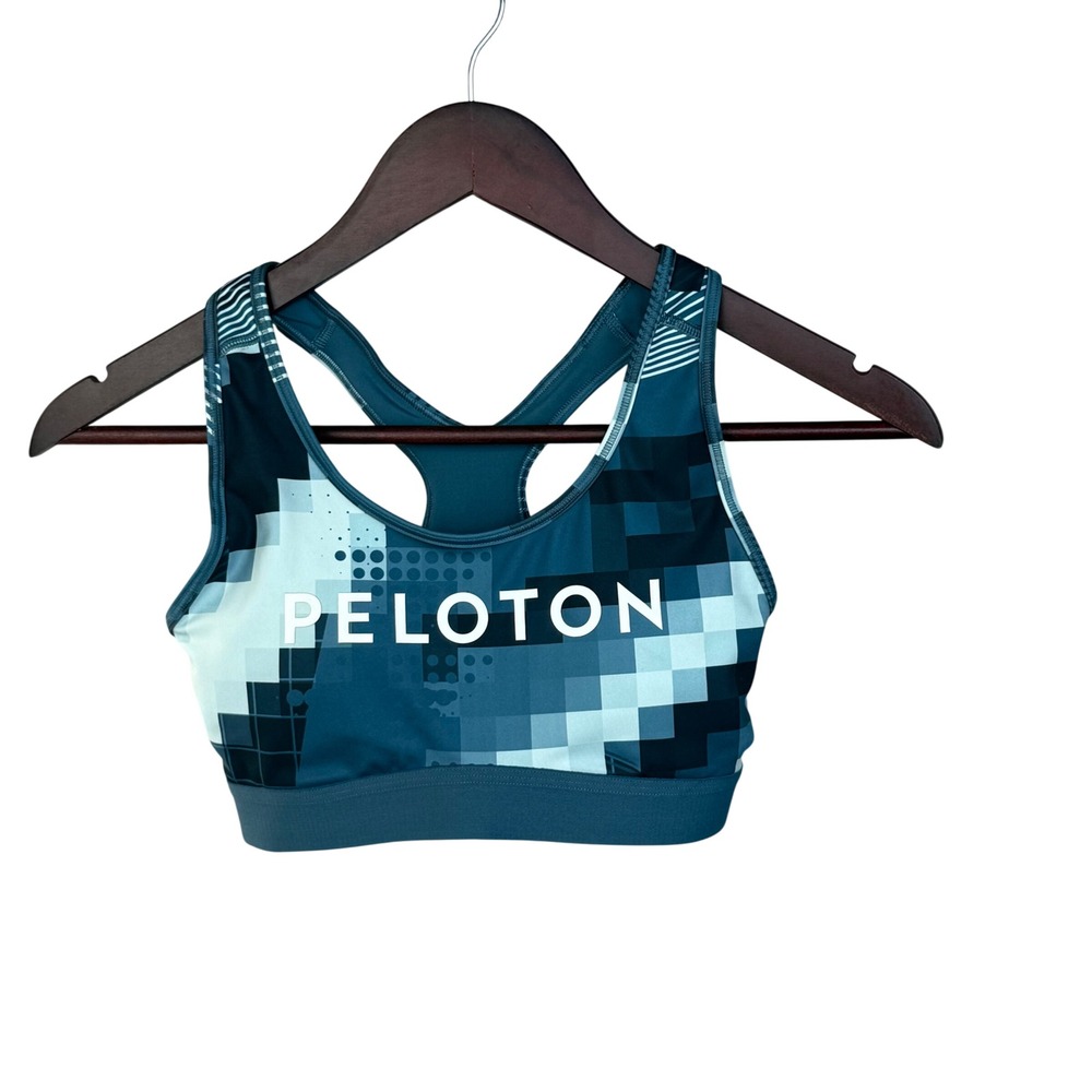 Adidas x Peloton Womens Pixel Graphic Racerback Sports Bra Teal‎ Blue HE0598